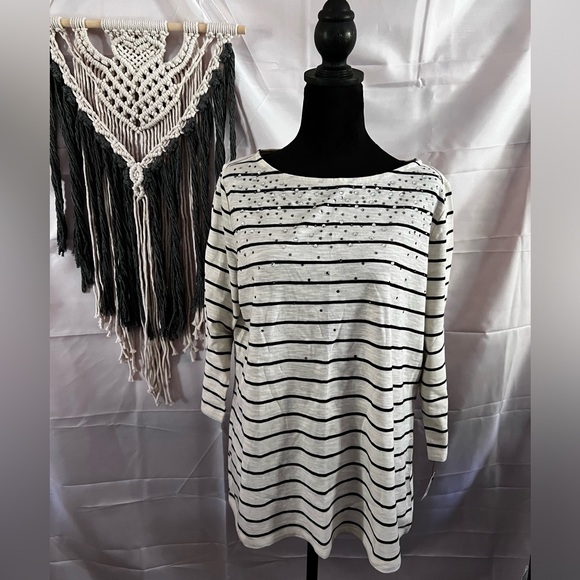 Talbots Tops - Talbots Ivory Black Stripe Plus Size 1X Rhinestones 3/4 Sleeves Knit Top Blouse